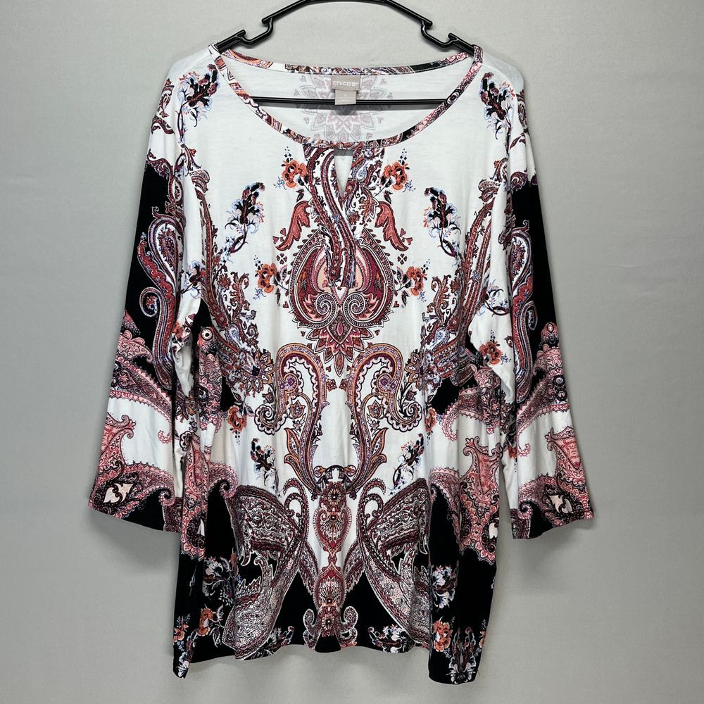 Chicos Paisley Split-Neck Top Tunic White Black Pink Boho Stretch  Womens XL‎ 3